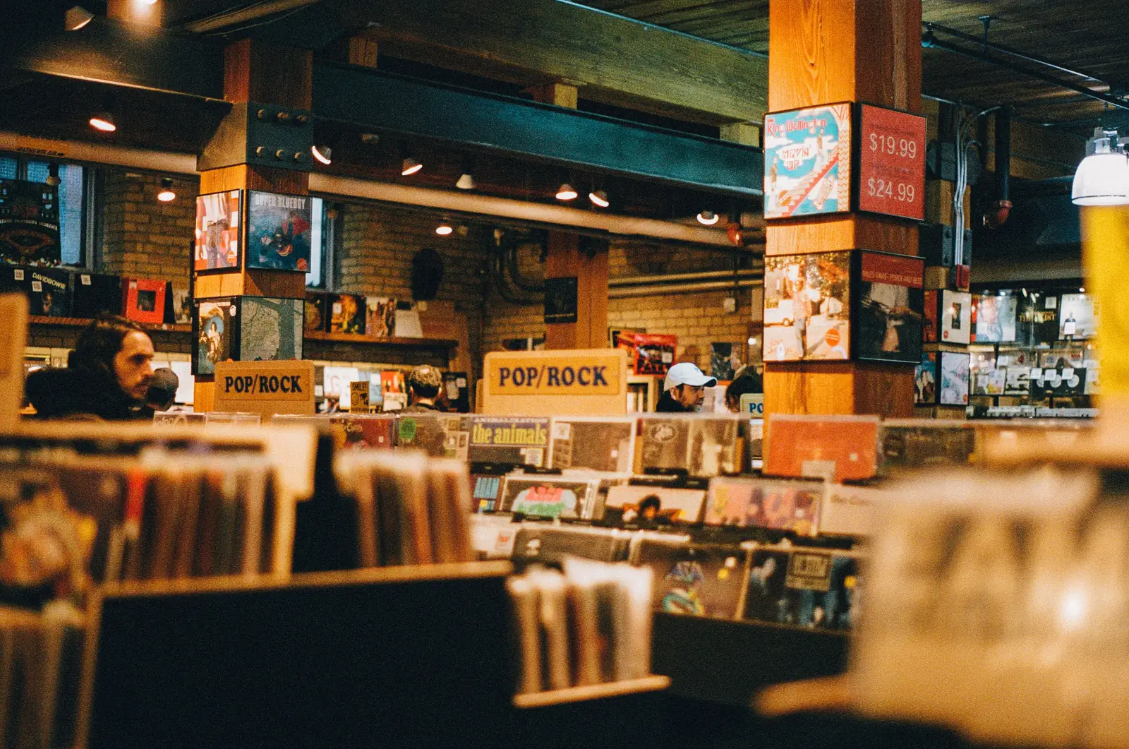 Racks of vinyl records inside an independent music store