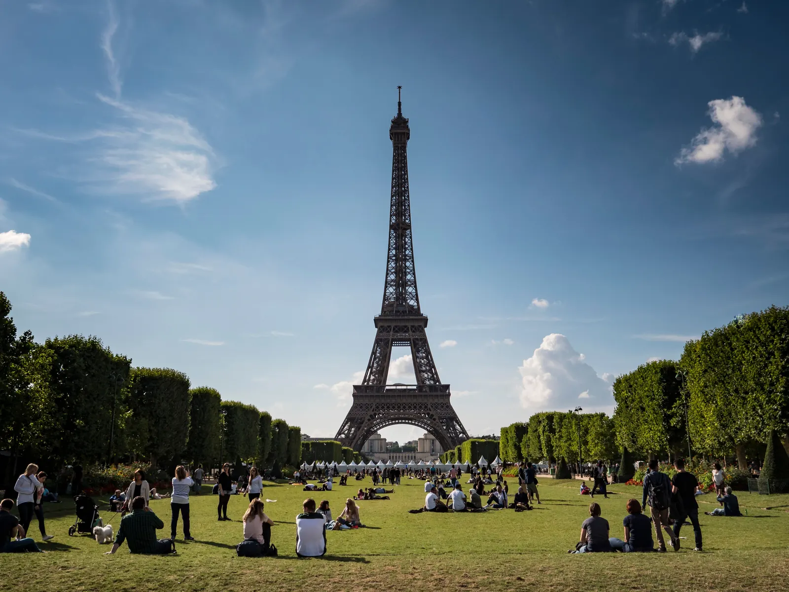 People sitting on the grass in front of the Eiffel Tower in Paris