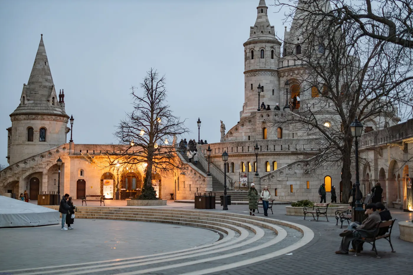 Fisherman's Bastion lit at dusk on a winter evening in Budapest