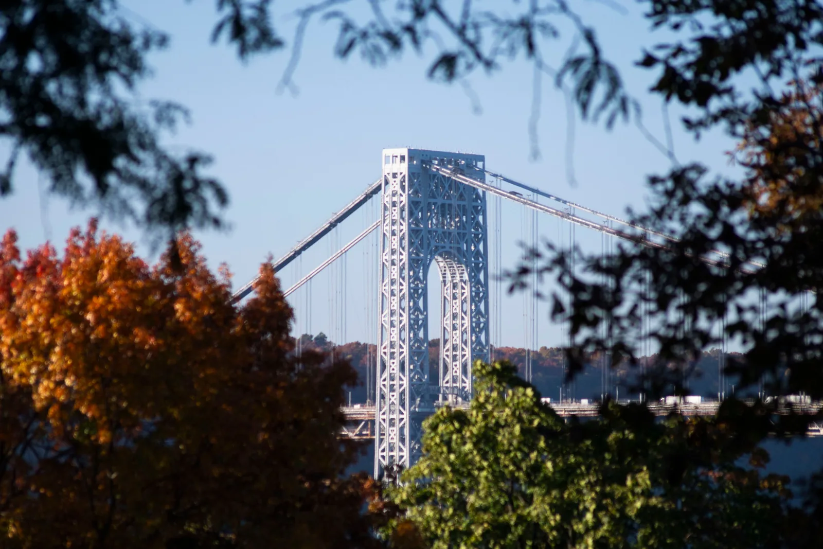 The George Washington Bridge framed by autumn leaves above the Hudson