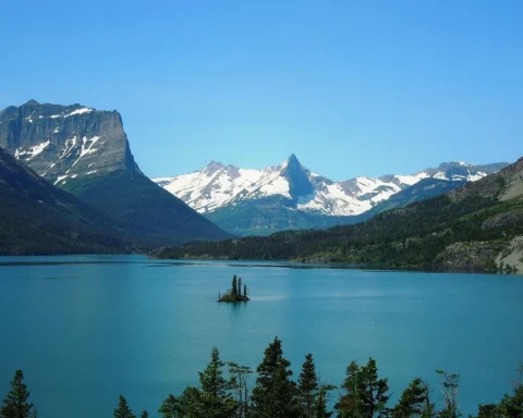 Turquoise water and snow capped peaks at St. Mary Lake in Glacier National Park