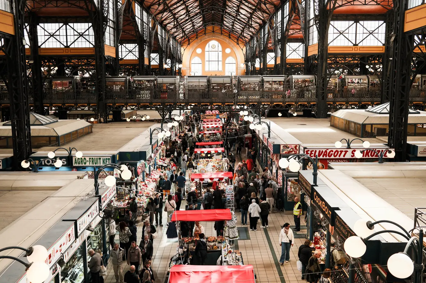 The main aisle of the Great Market Hall in Budapest seen from the upper gallery