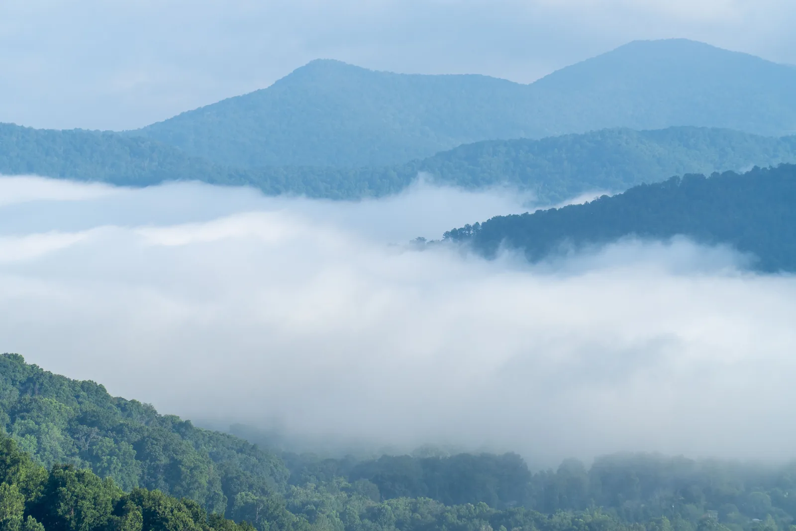 Layers of blue ridges rising above low cloud in the Great Smoky Mountains
