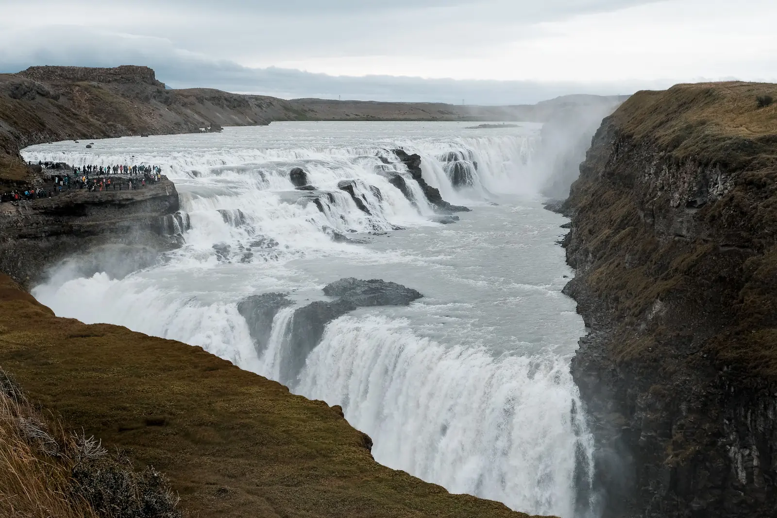 The two tiers of Gullfoss waterfall dropping into a canyon