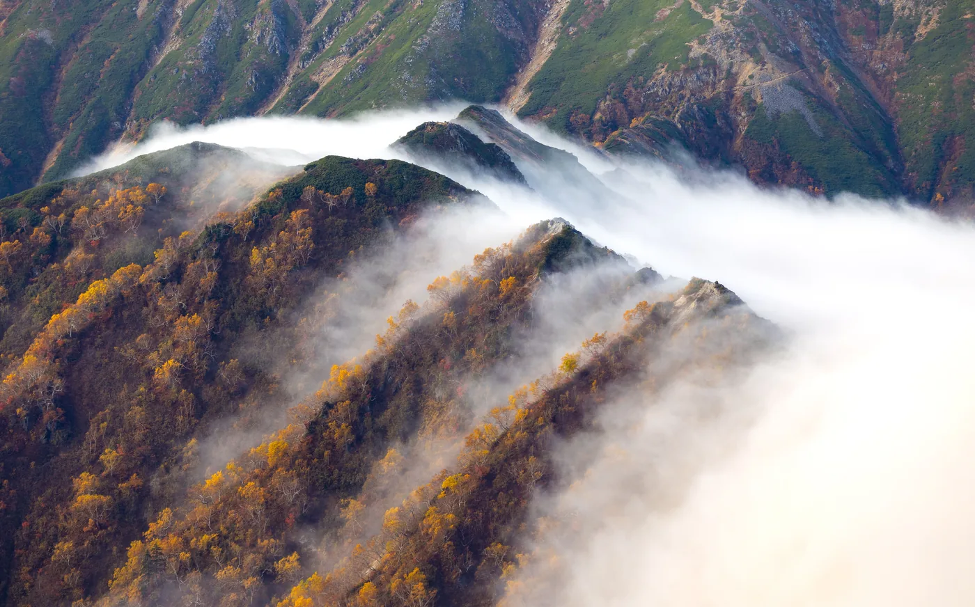 Cloud lying across autumn ridges in the Japanese Alps