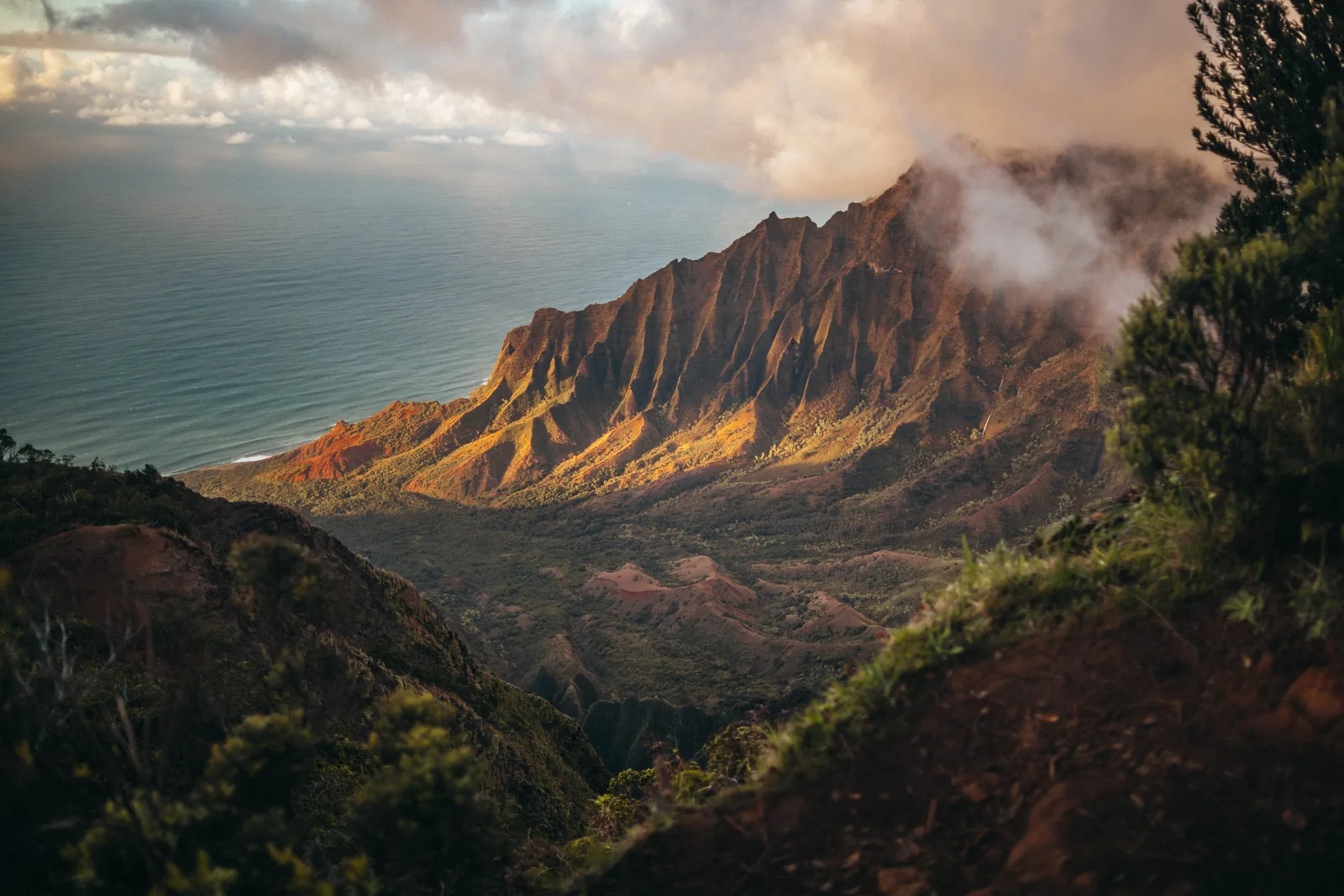 Late light on the fluted ridges of Kalalau Valley on Kauai