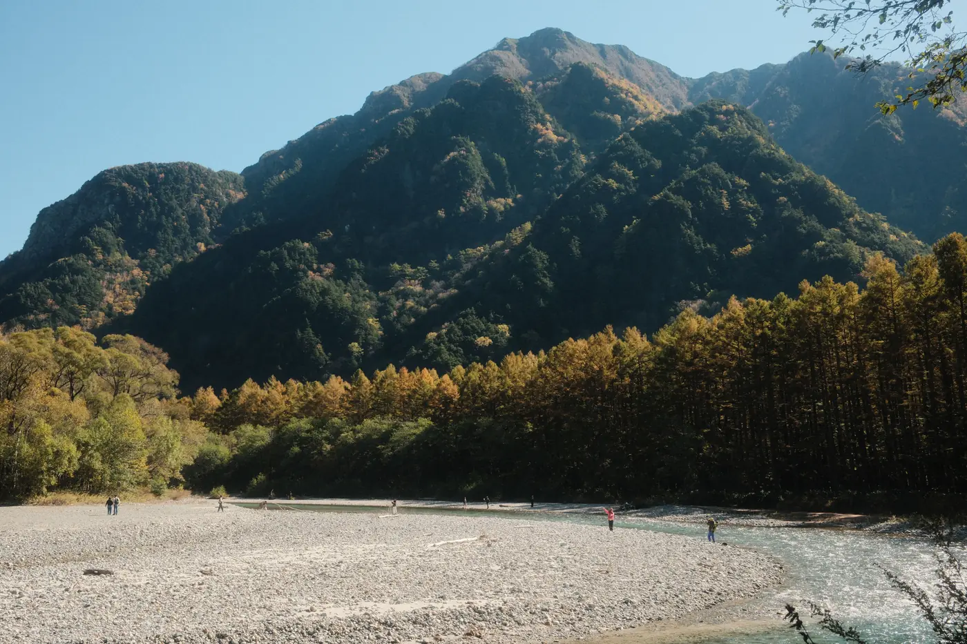 The river running through the Kamikochi valley below the peaks of the Northern Alps