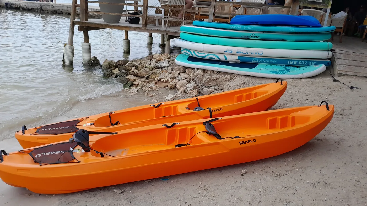Orange kayaks and paddleboards lined up on a sandy beach