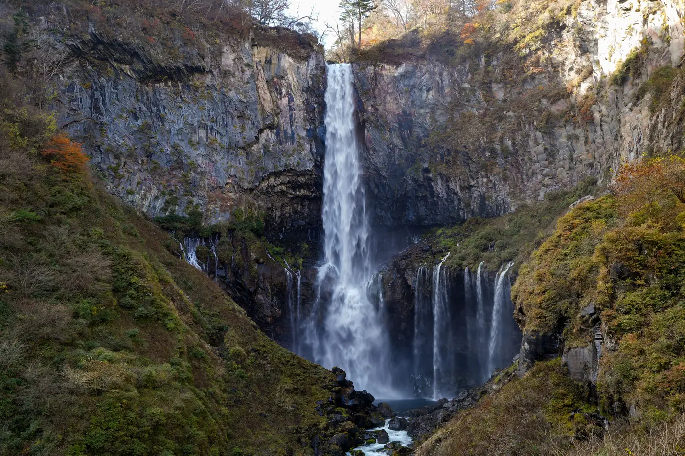 Kegon Falls dropping into the gorge below Lake Chuzenji in Nikko in autumn