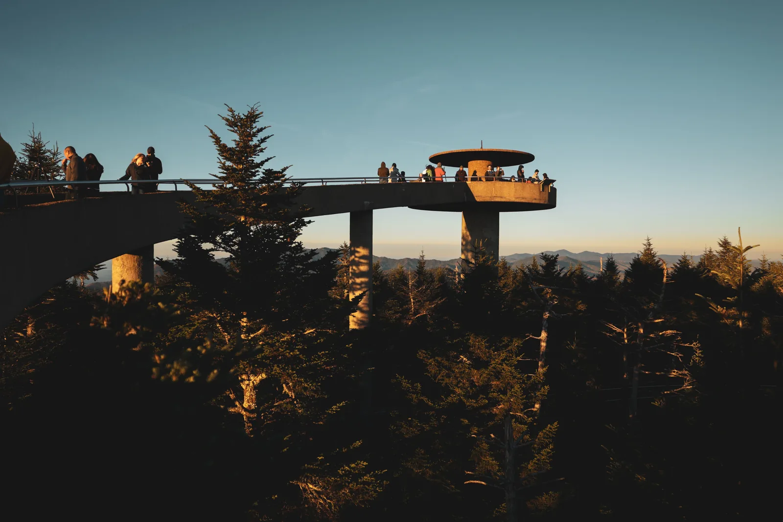 The observation tower and ramp at Kuwohi at sunset in Great Smoky Mountains National Park