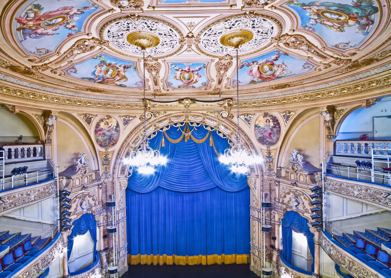 The ornate interior of a Victorian theatre in England