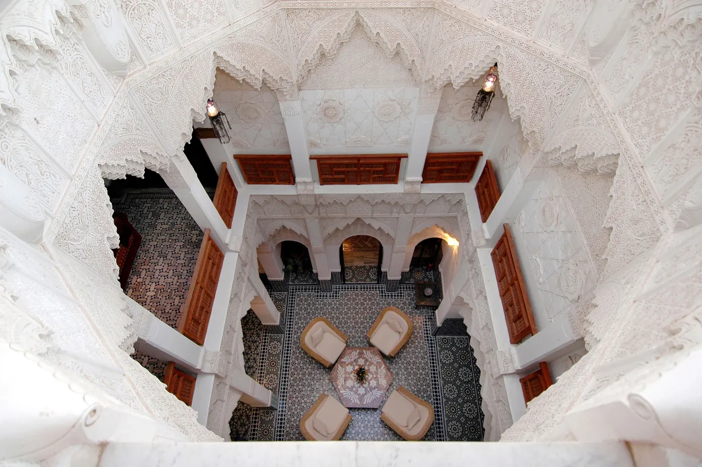 The ornate interior courtyard of a riad in Marrakech