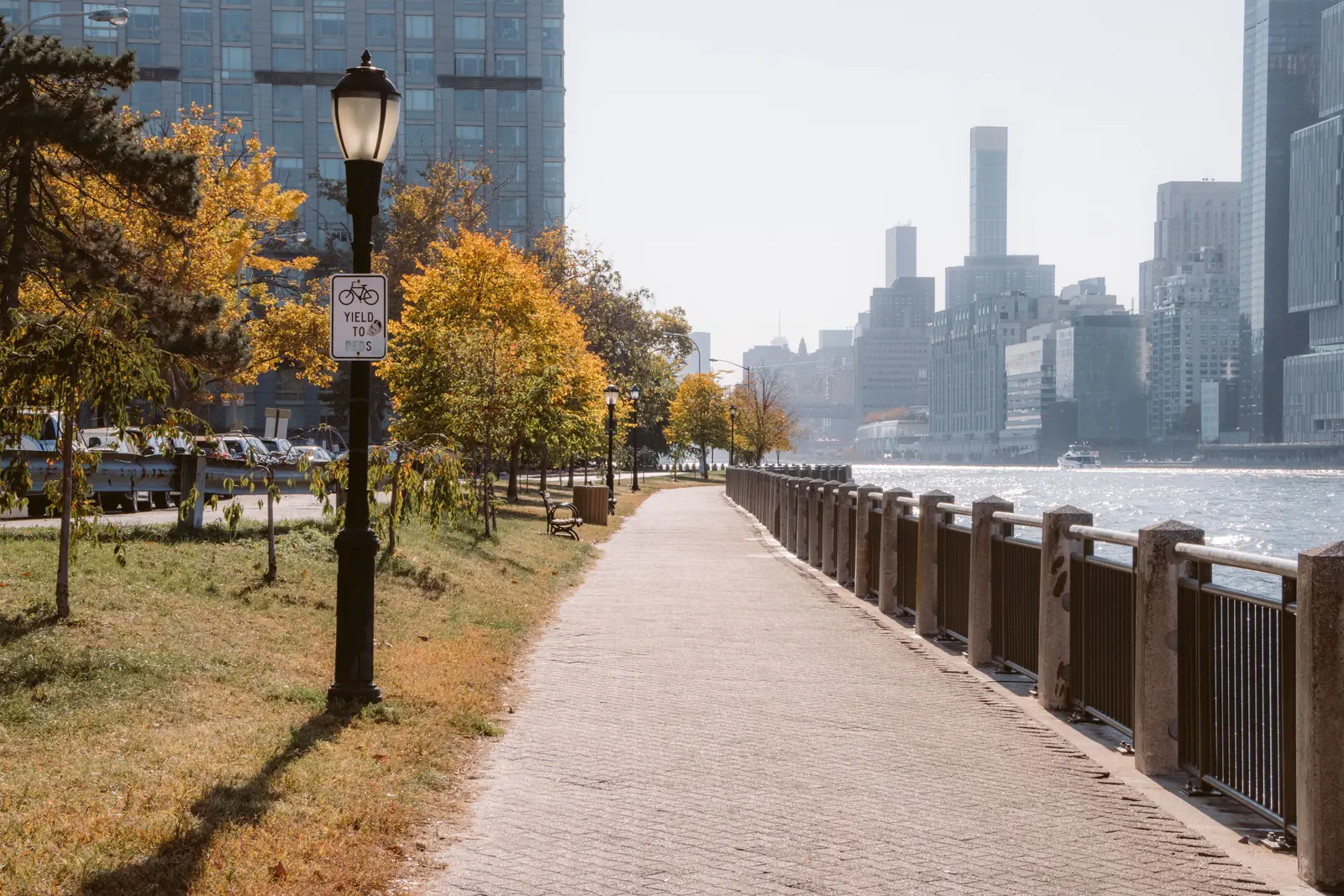 An autumn path along the river with the Manhattan skyline behind it