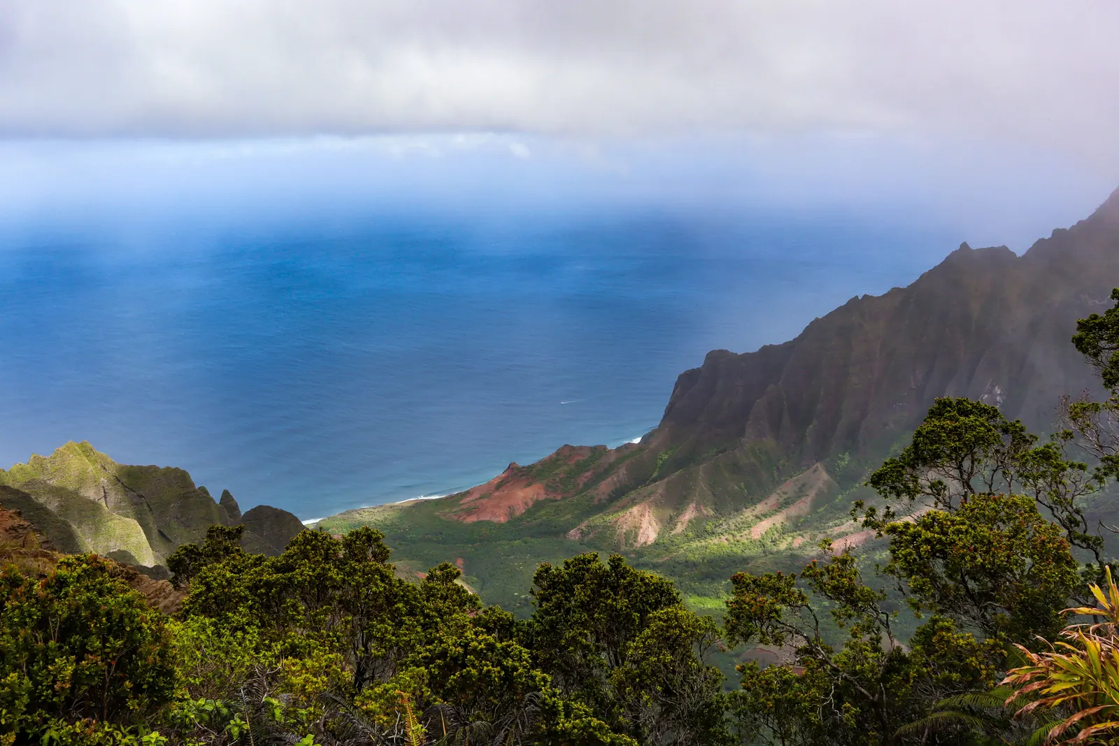 The Na Pali coastline seen from a ridge above it on Kauai