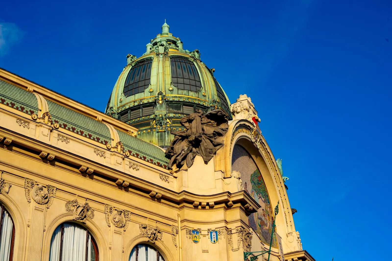 The art nouveau front of the Municipal House in Prague