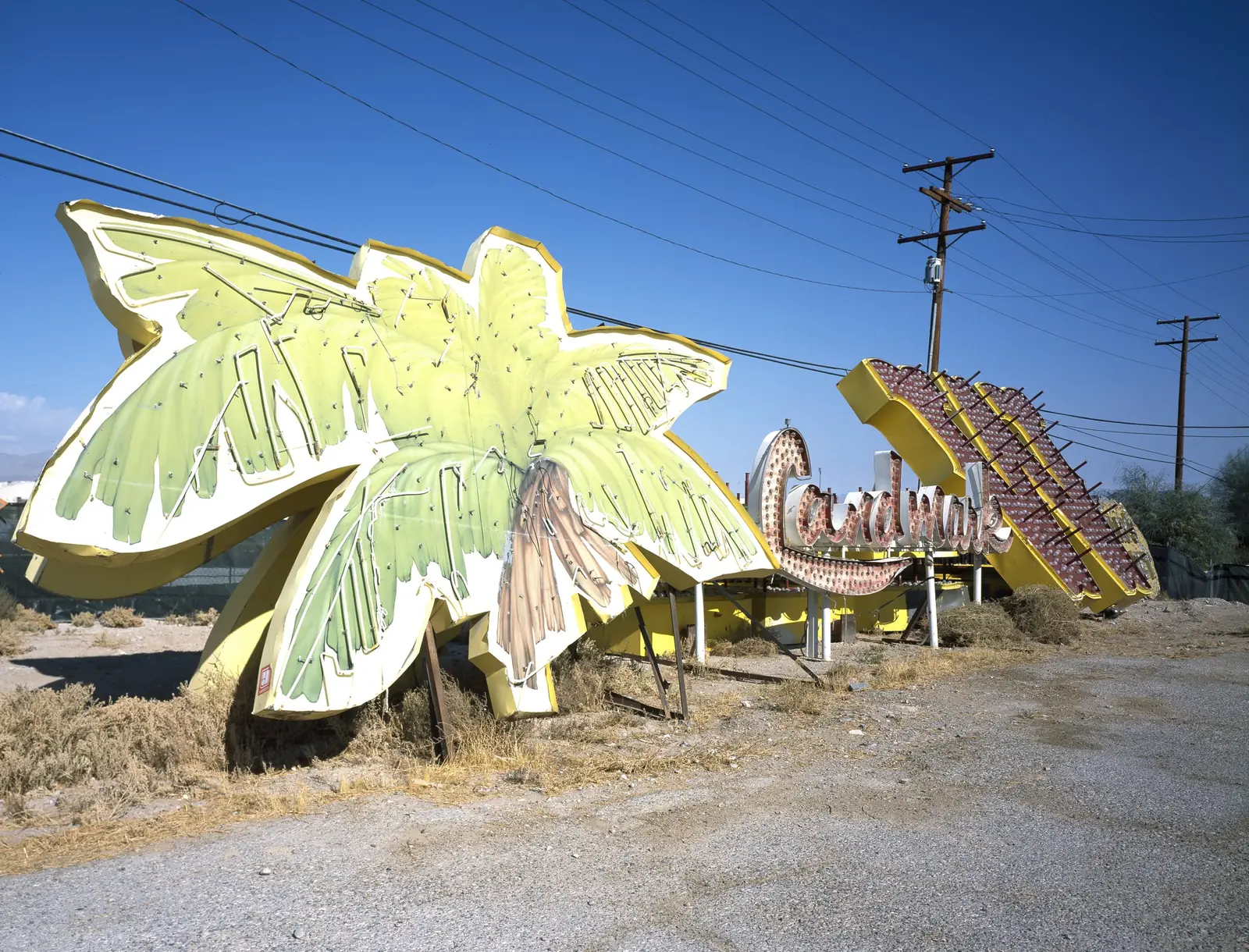Retired Las Vegas casino signs propped up in the outdoor neon boneyard