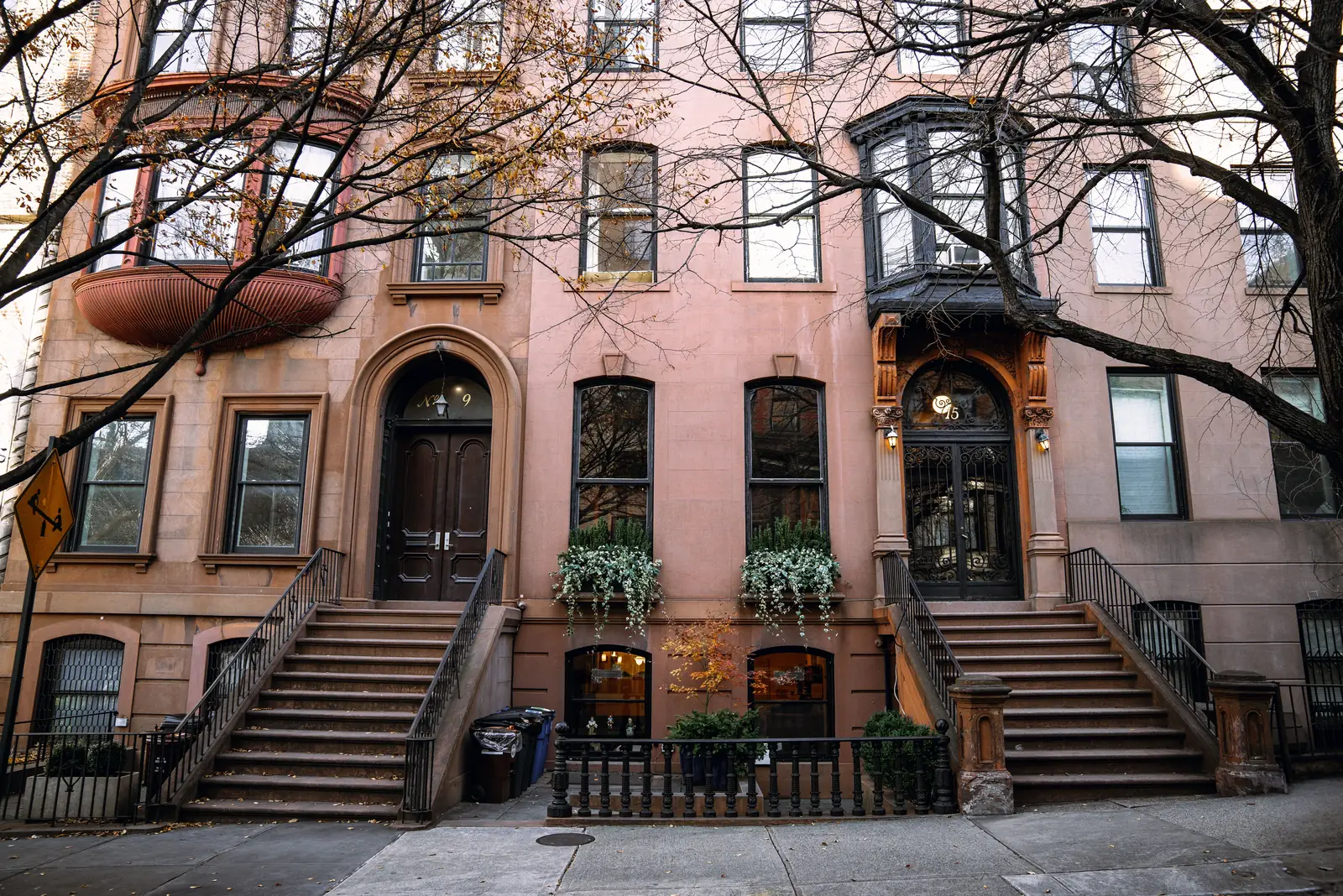 A Brooklyn brownstone stoop under an autumn tree