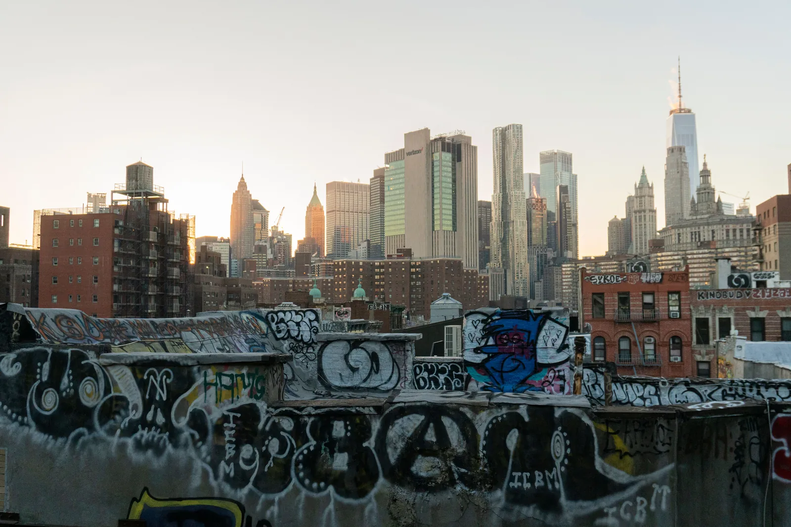 A graffiti covered rooftop looking out over the New York skyline