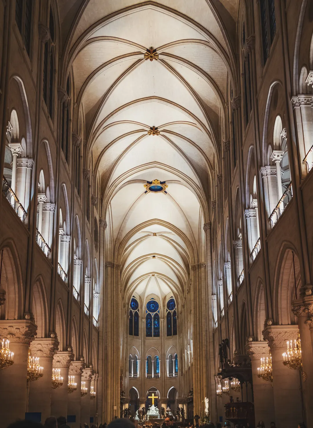 The pale stone nave of Notre Dame cathedral in Paris after its restoration