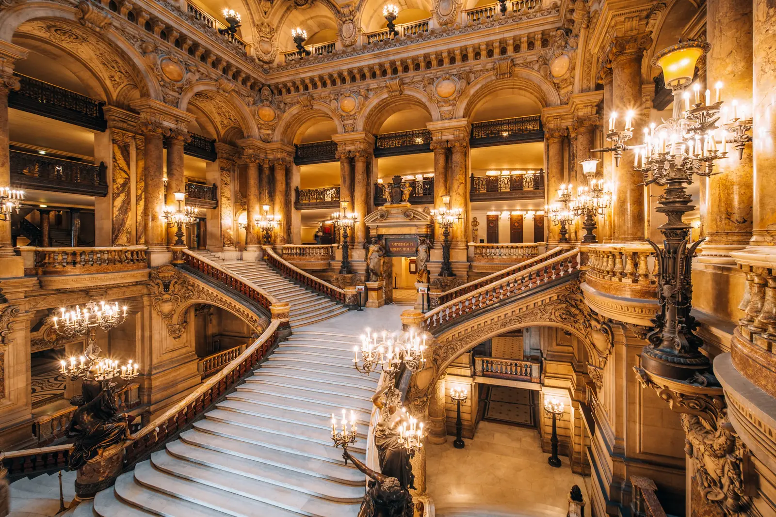 The grand staircase inside the Palais Garnier opera house in Paris