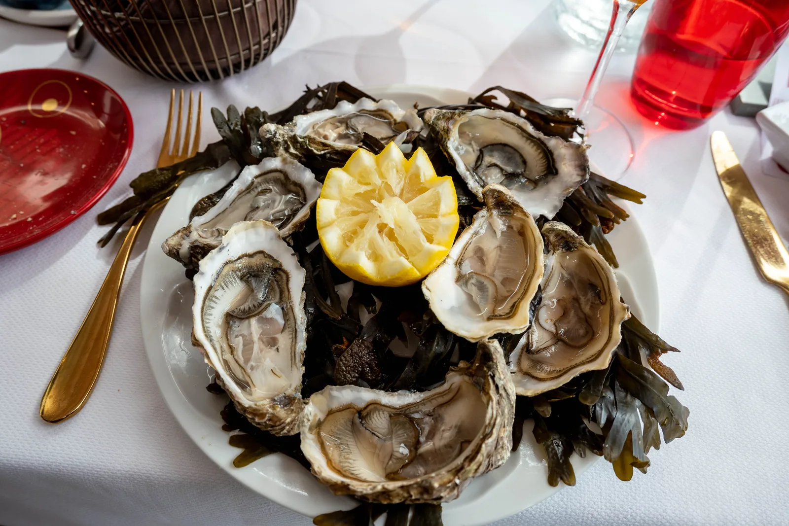A plate of fresh oysters with lemon on a white tablecloth in a brasserie