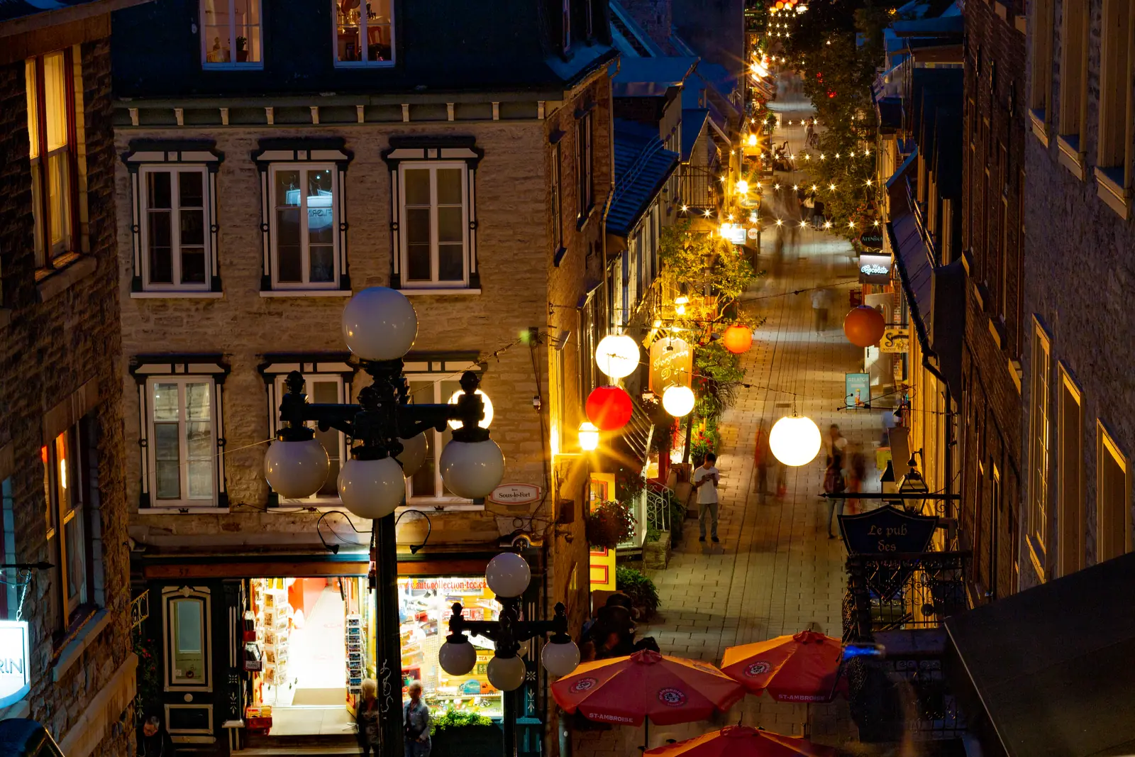 Quartier Petit Champlain in Quebec City lit up at night