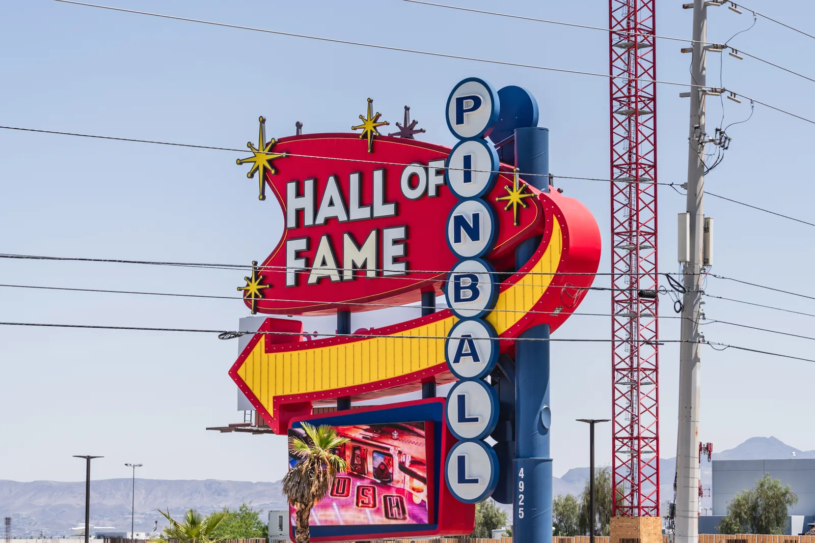 The Pinball Hall of Fame sign standing beside Las Vegas Boulevard