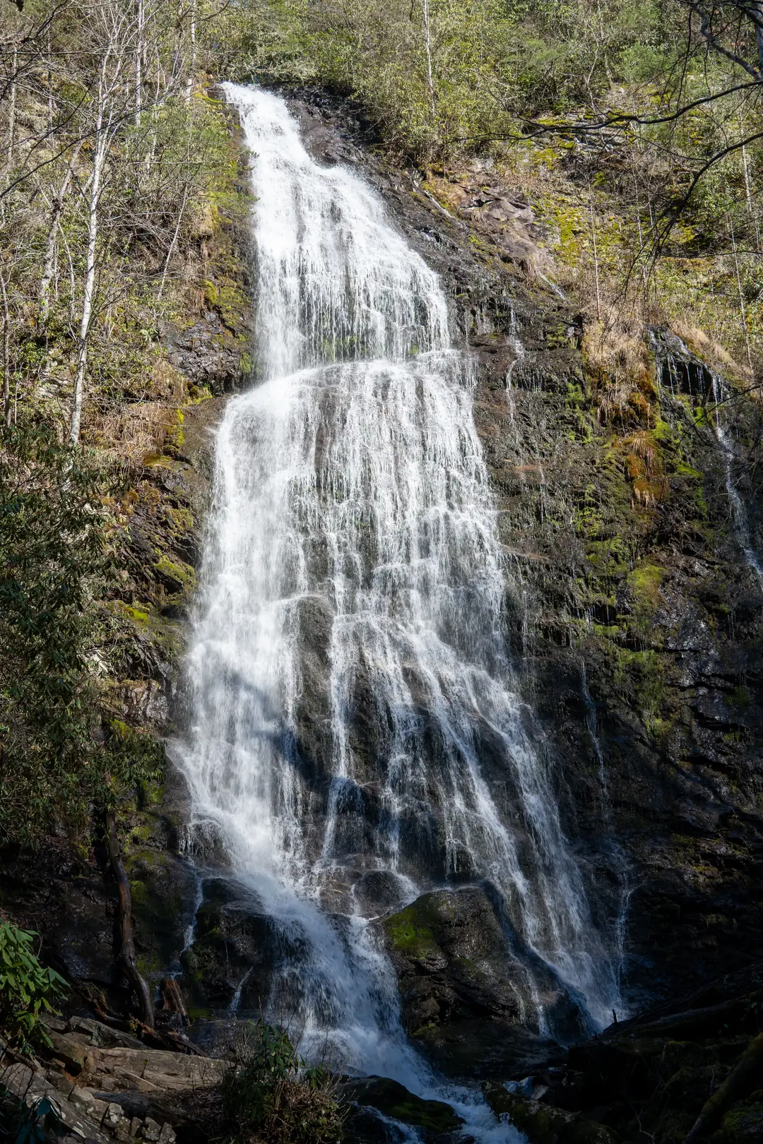 A tall waterfall falling through forest in the Smoky Mountains