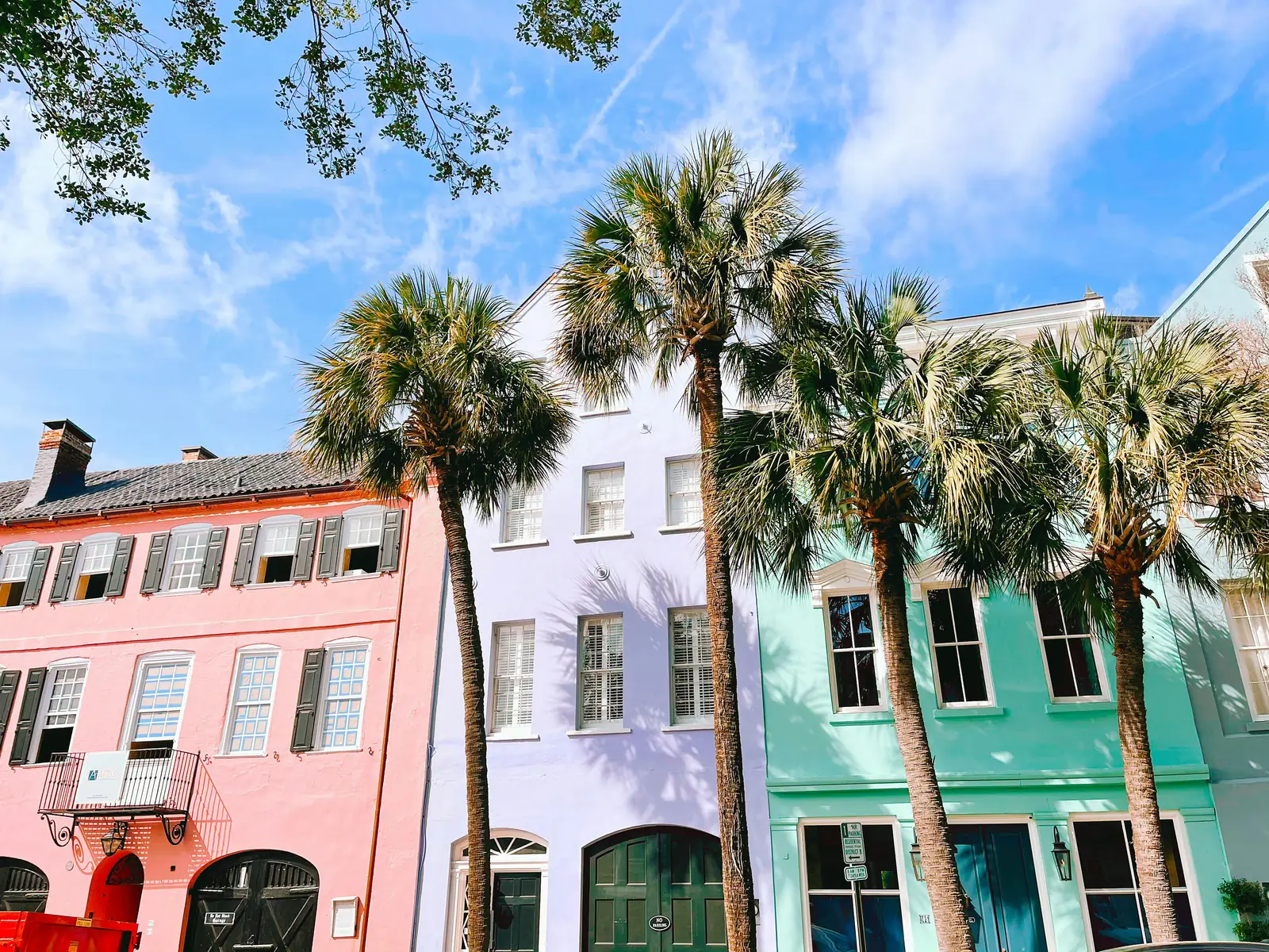 The pink, yellow and green houses of Rainbow Row on East Bay Street in Charleston