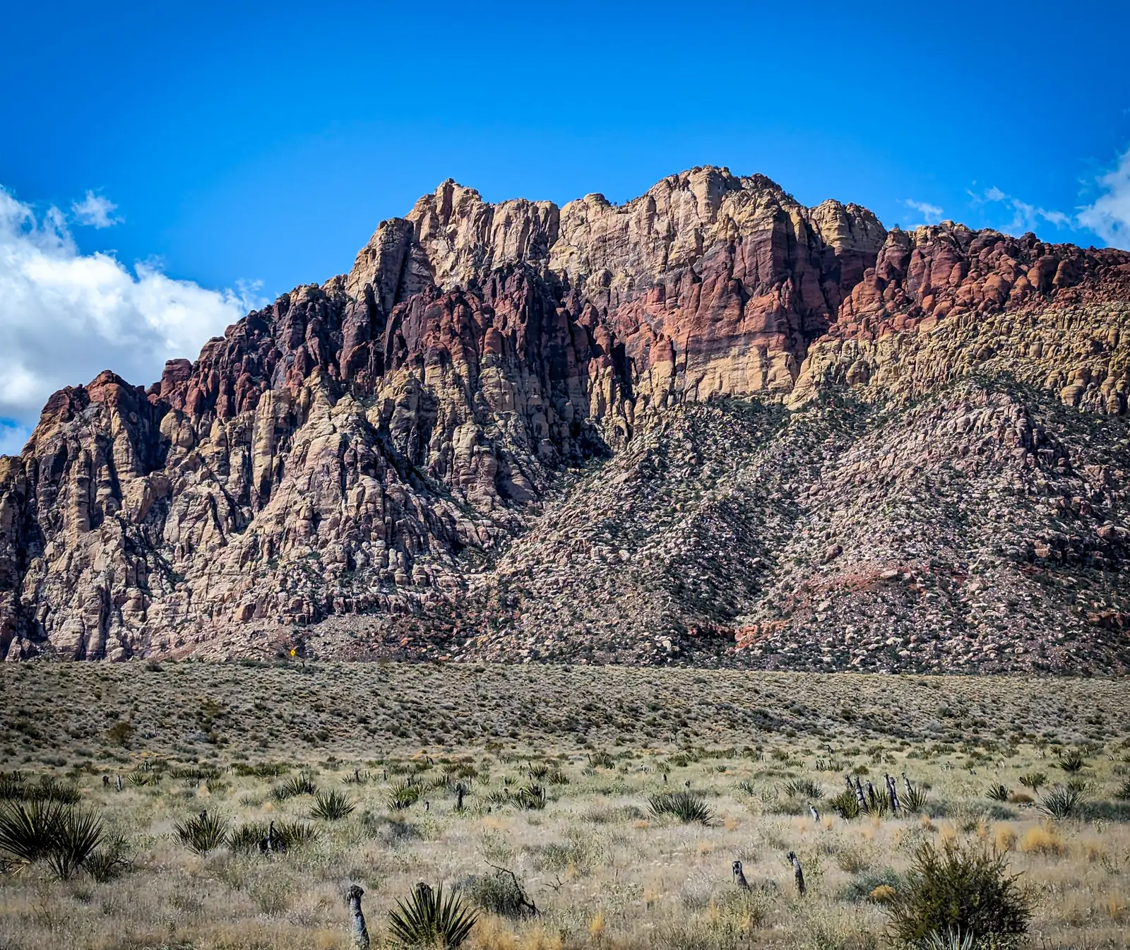 The layered sandstone escarpment at Red Rock Canyon under a clear sky