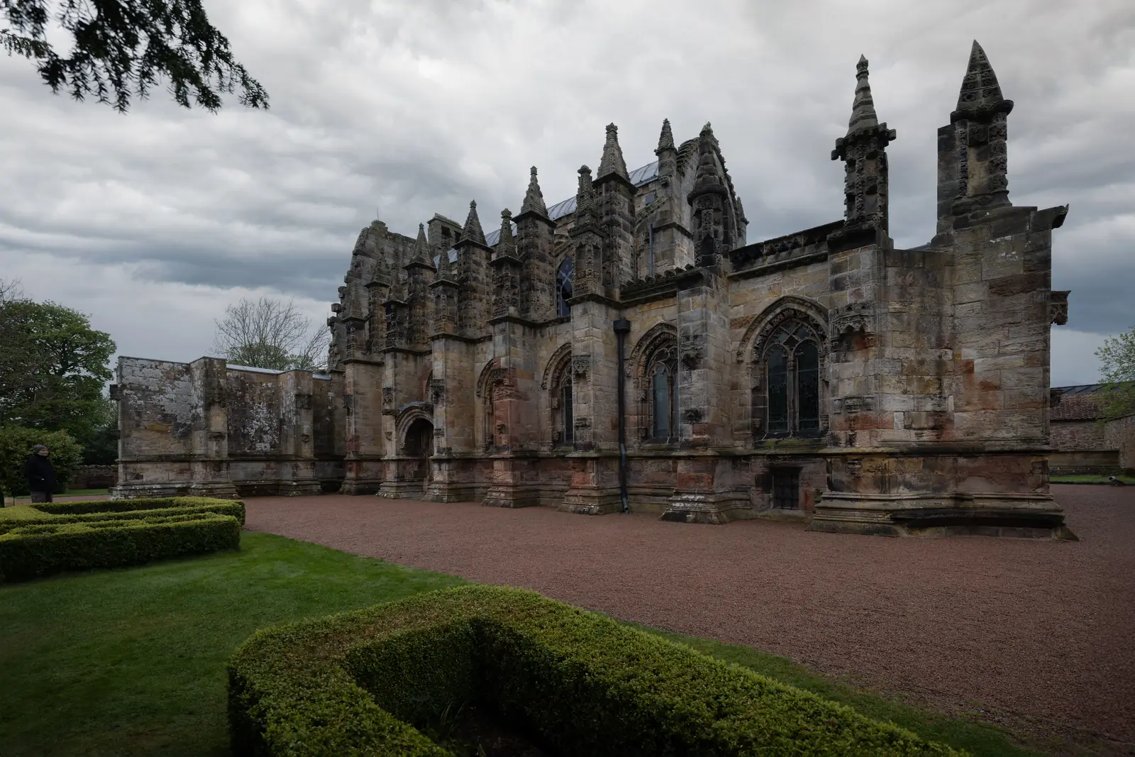 Rosslyn Chapel under a grey sky outside Edinburgh