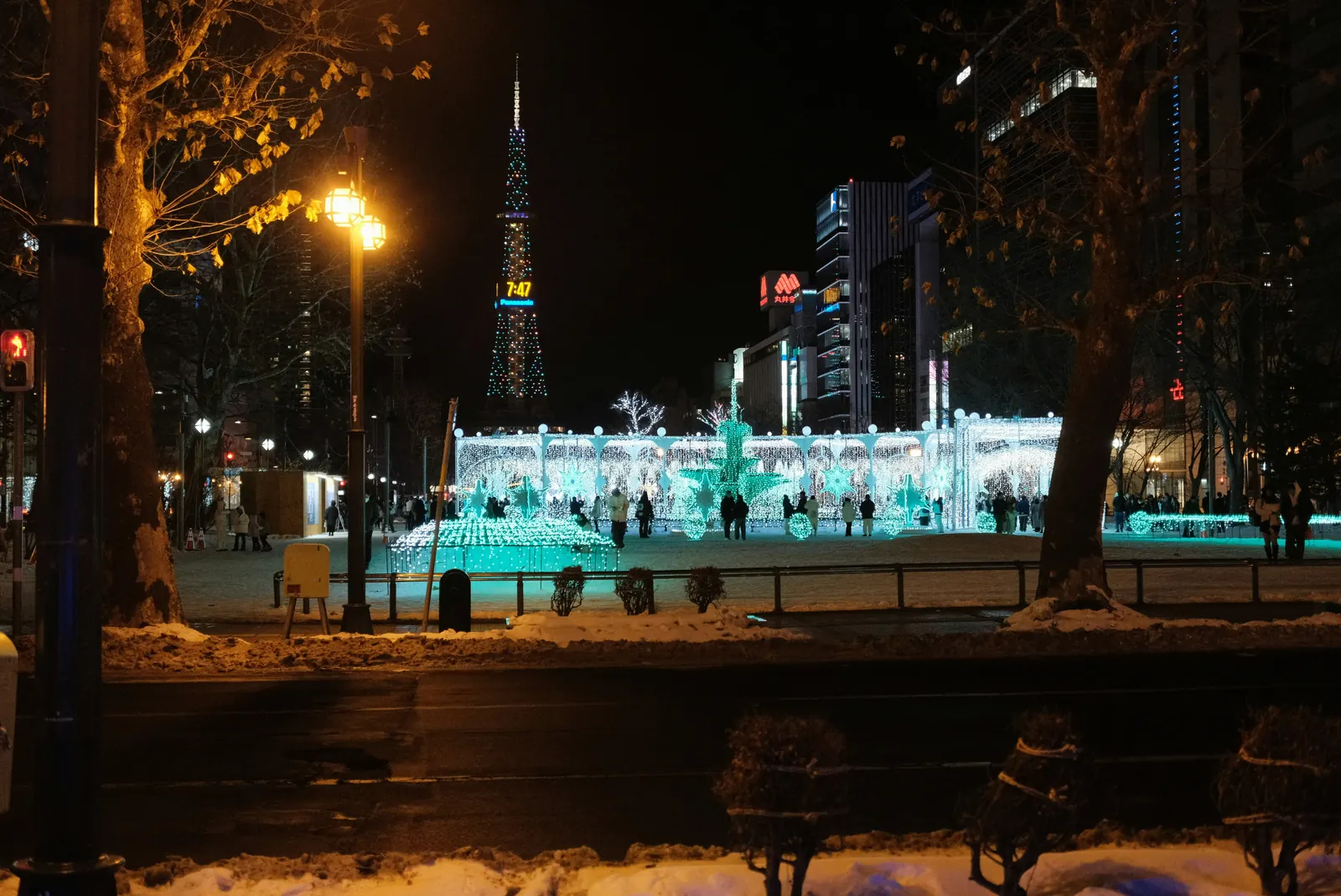 Illuminated displays and crowds in Odori Park in Sapporo on a winter night