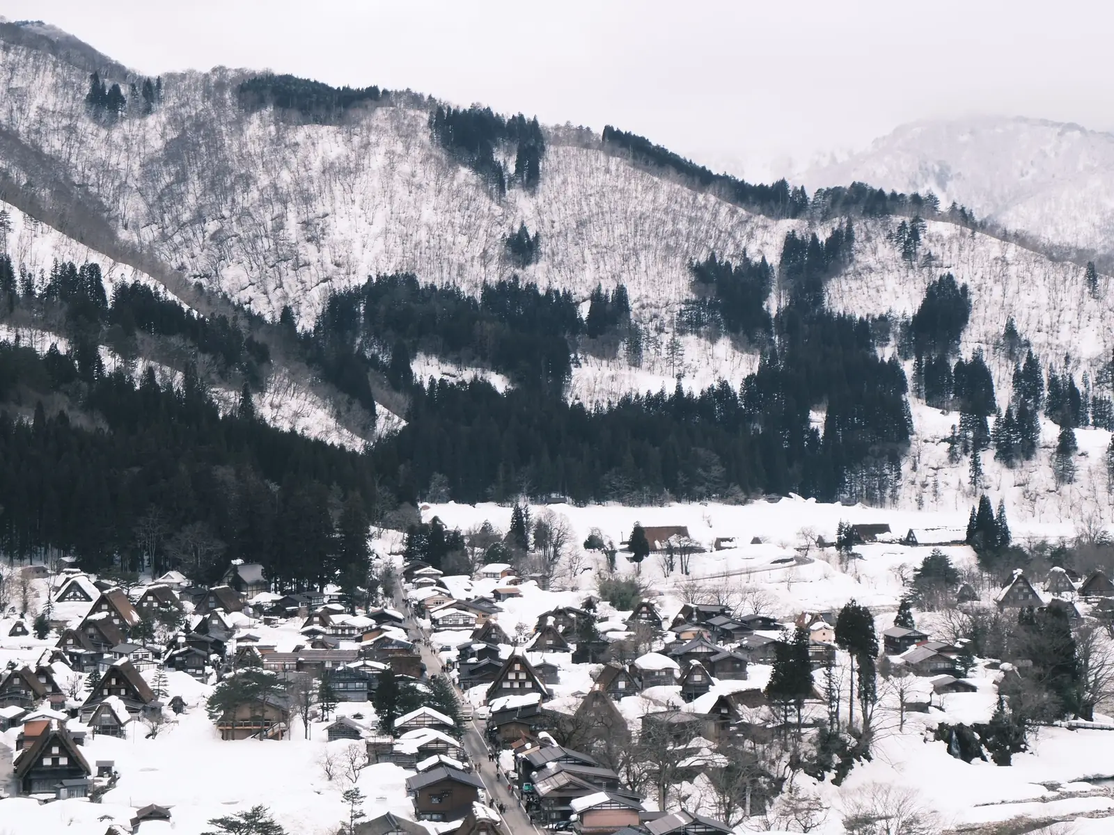 The village of Shirakawa Go buried in snow below forested mountains