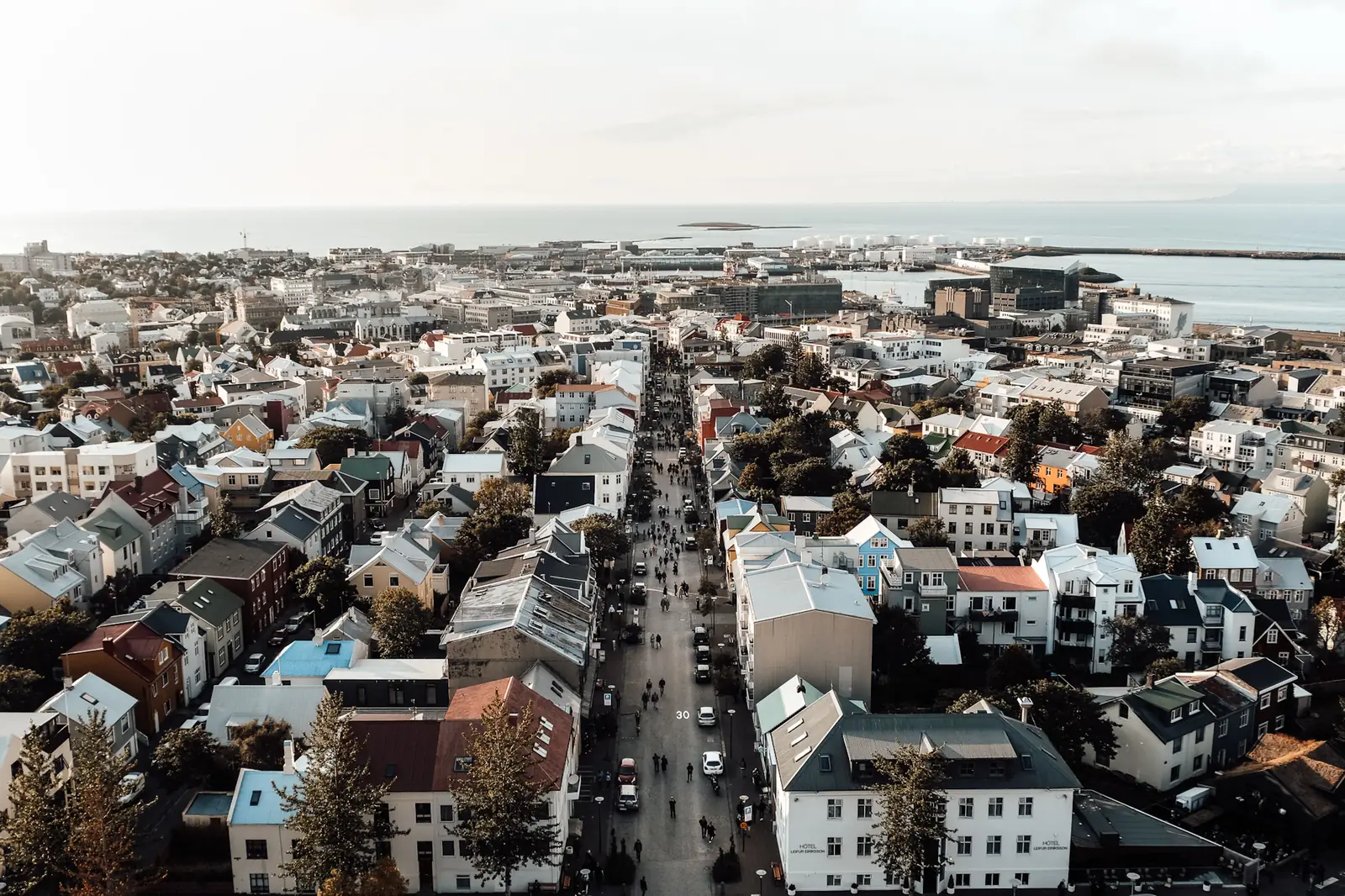 Colorful rooftops of Reykjavik stretching down to the water