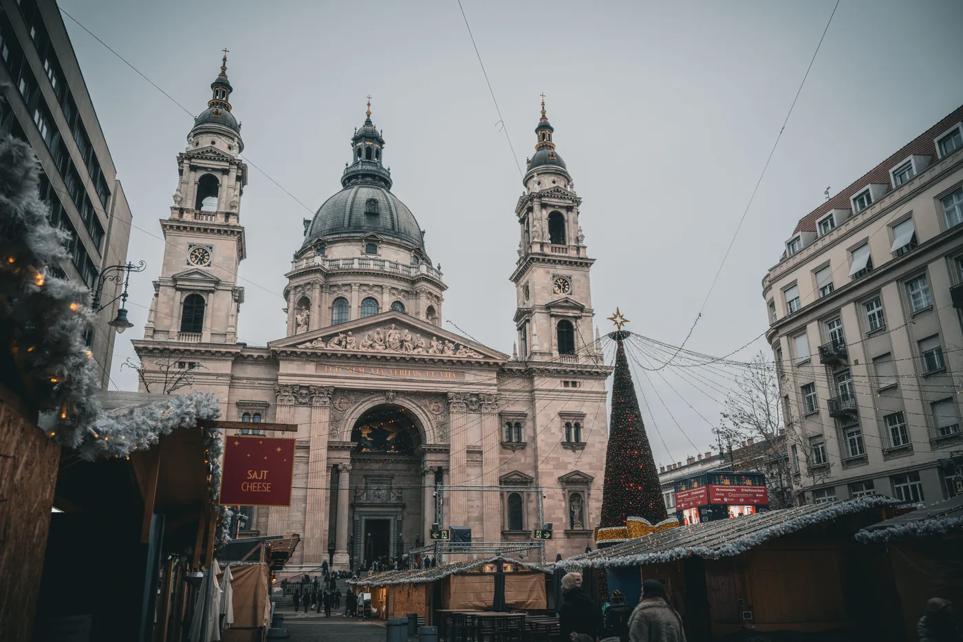 The Christmas tree and market huts in front of St. Stephen's Basilica in Budapest