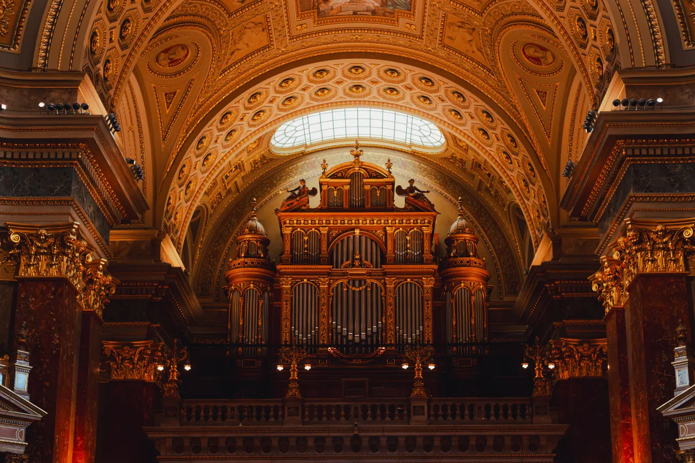The pipe organ above the nave inside St. Stephen's Basilica in Budapest