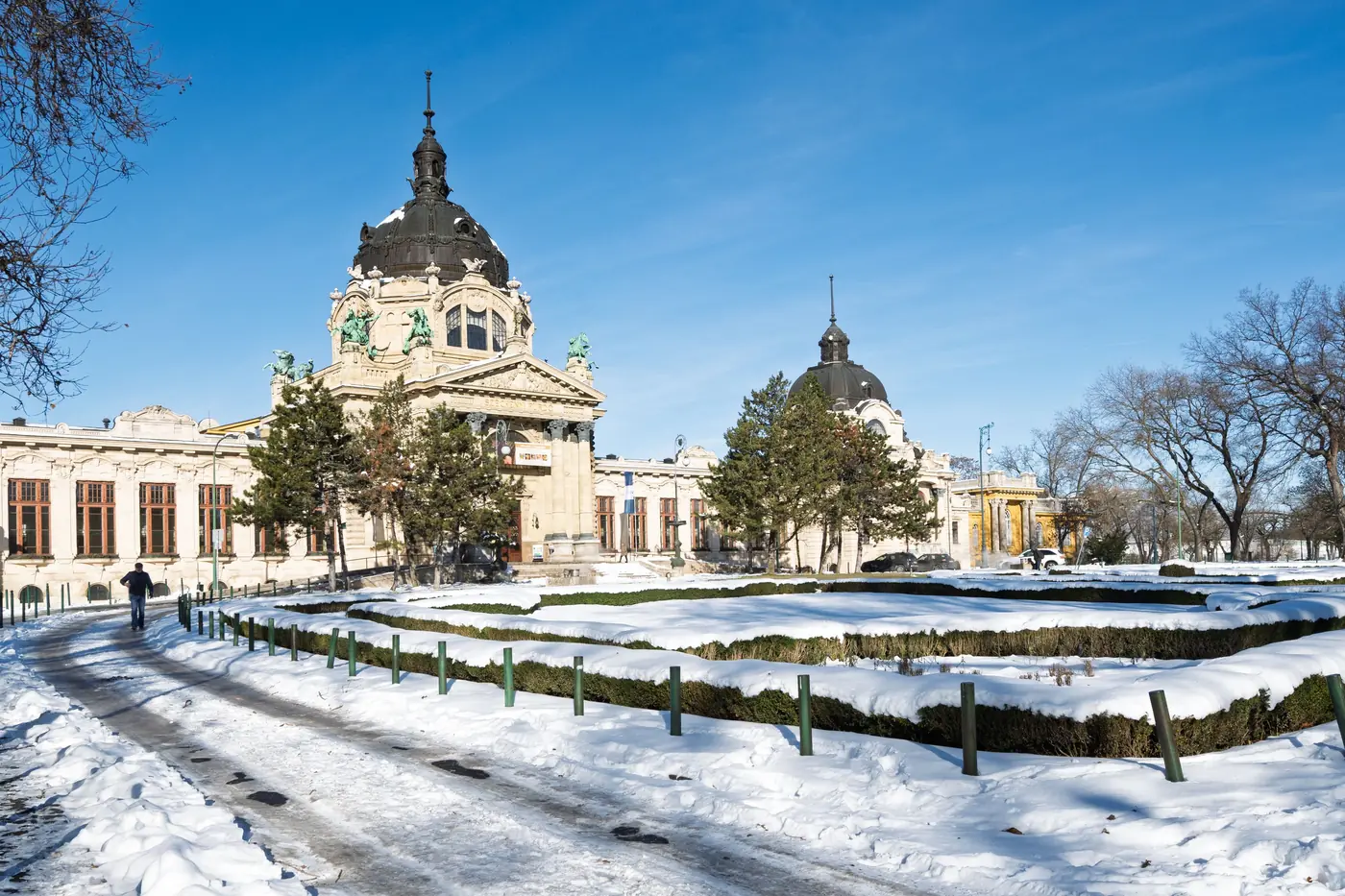 Snow covering the grounds outside the Szechenyi thermal bath in Budapest