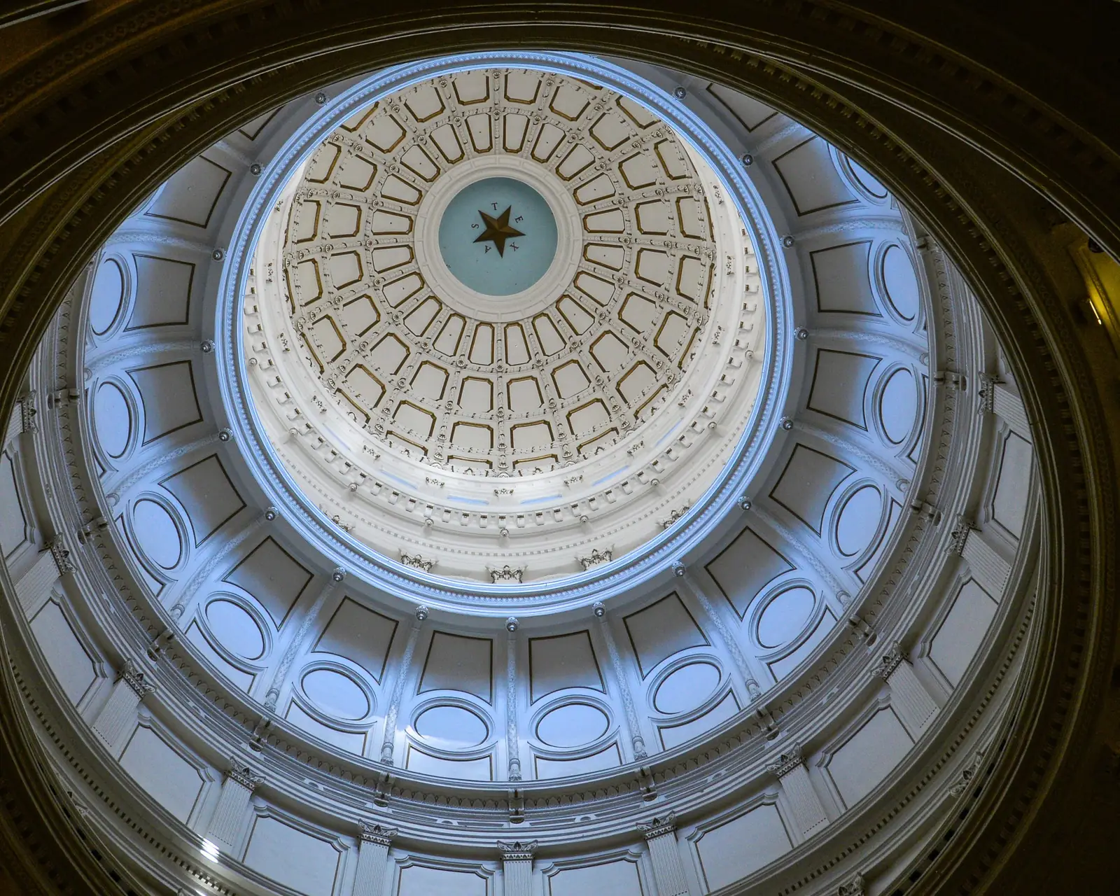 The dome seen from the rotunda floor inside the Texas State Capitol in Austin