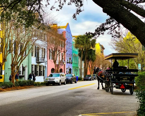 Pastel houses along Rainbow Row in Charleston South Carolina with a live oak overhead