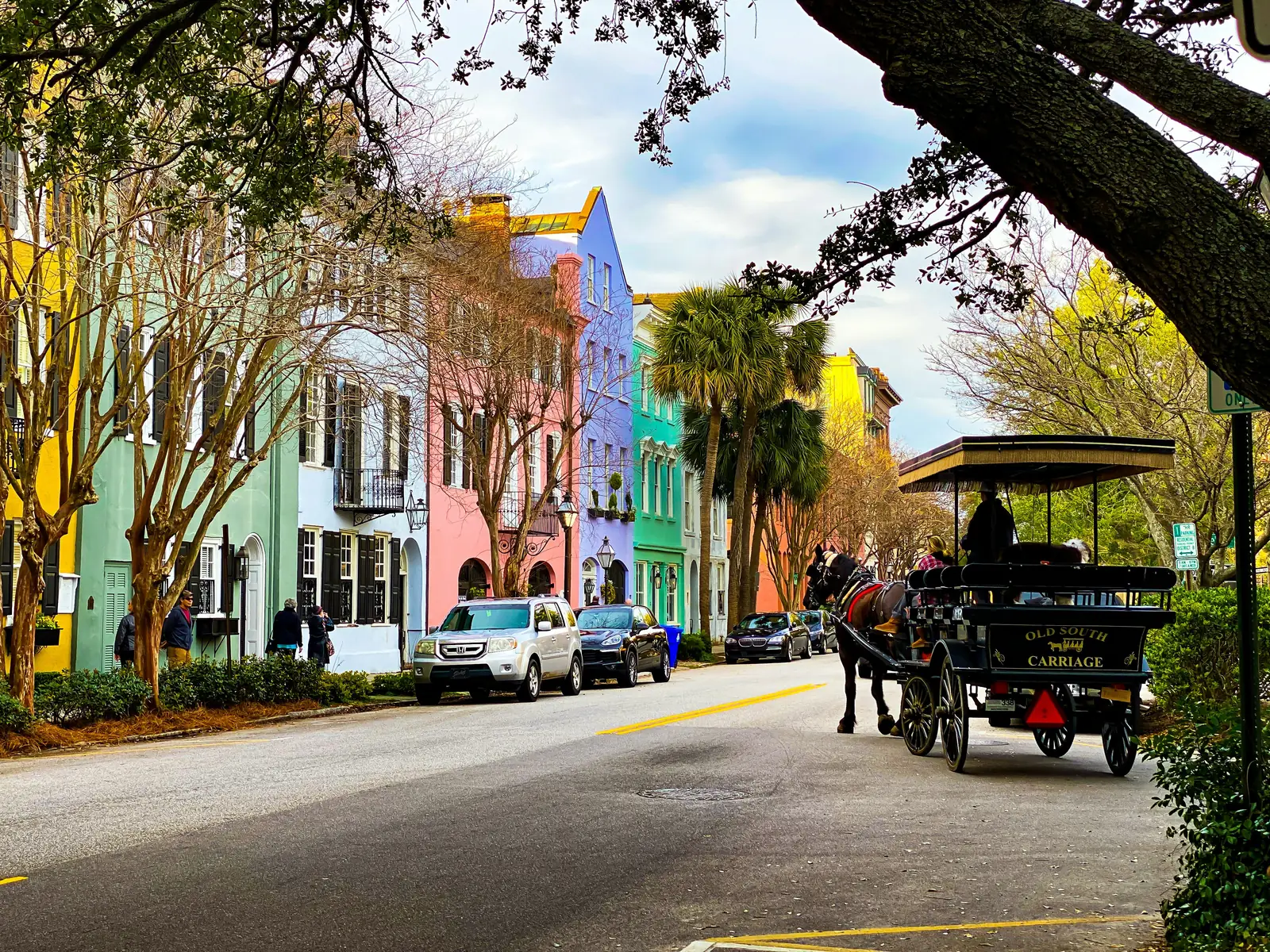 Pastel houses along Rainbow Row in Charleston South Carolina with a live oak overhead