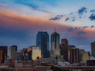 The downtown Denver skyline at sunset in Colorado