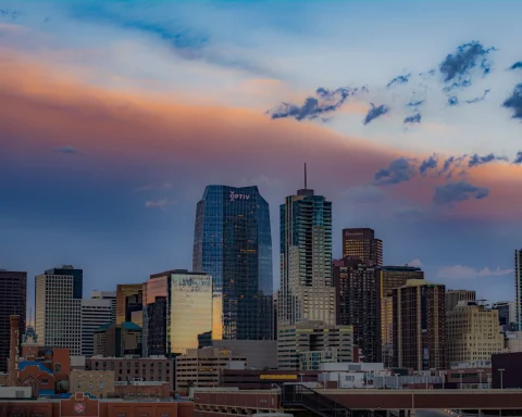 The downtown Denver skyline at sunset in Colorado