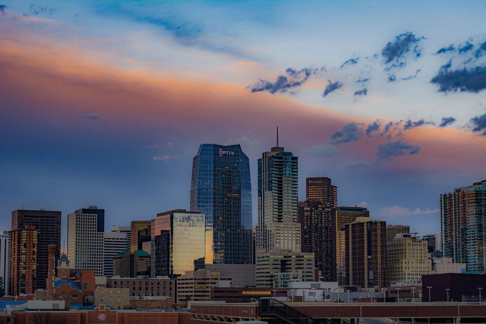 The downtown Denver skyline at sunset in Colorado