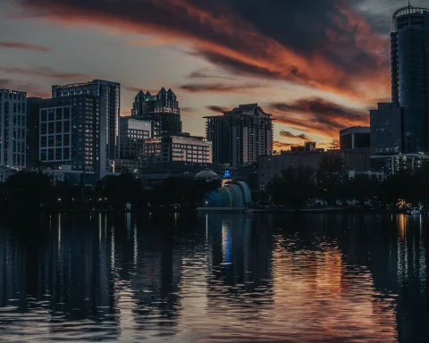 The downtown Orlando skyline reflected in Lake Eola at sunset