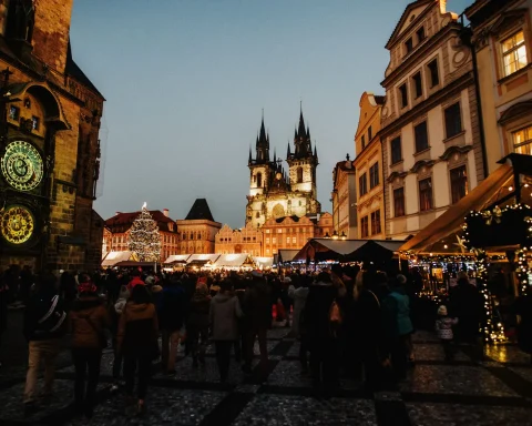 The Christmas market in Old Town Square in Prague at dusk