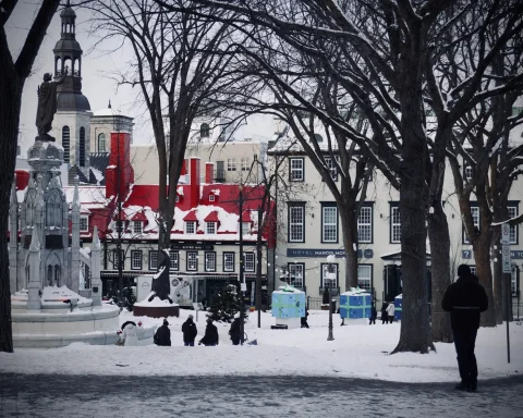 A snowy square in the old town of Quebec City in winter