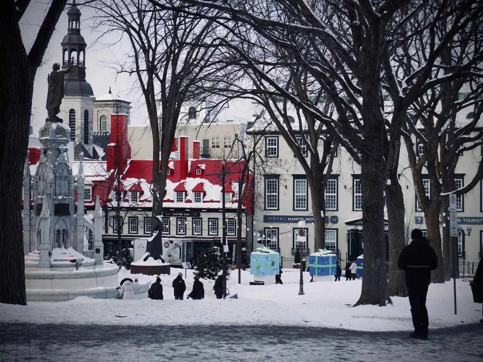 A snowy square in the old town of Quebec City in winter