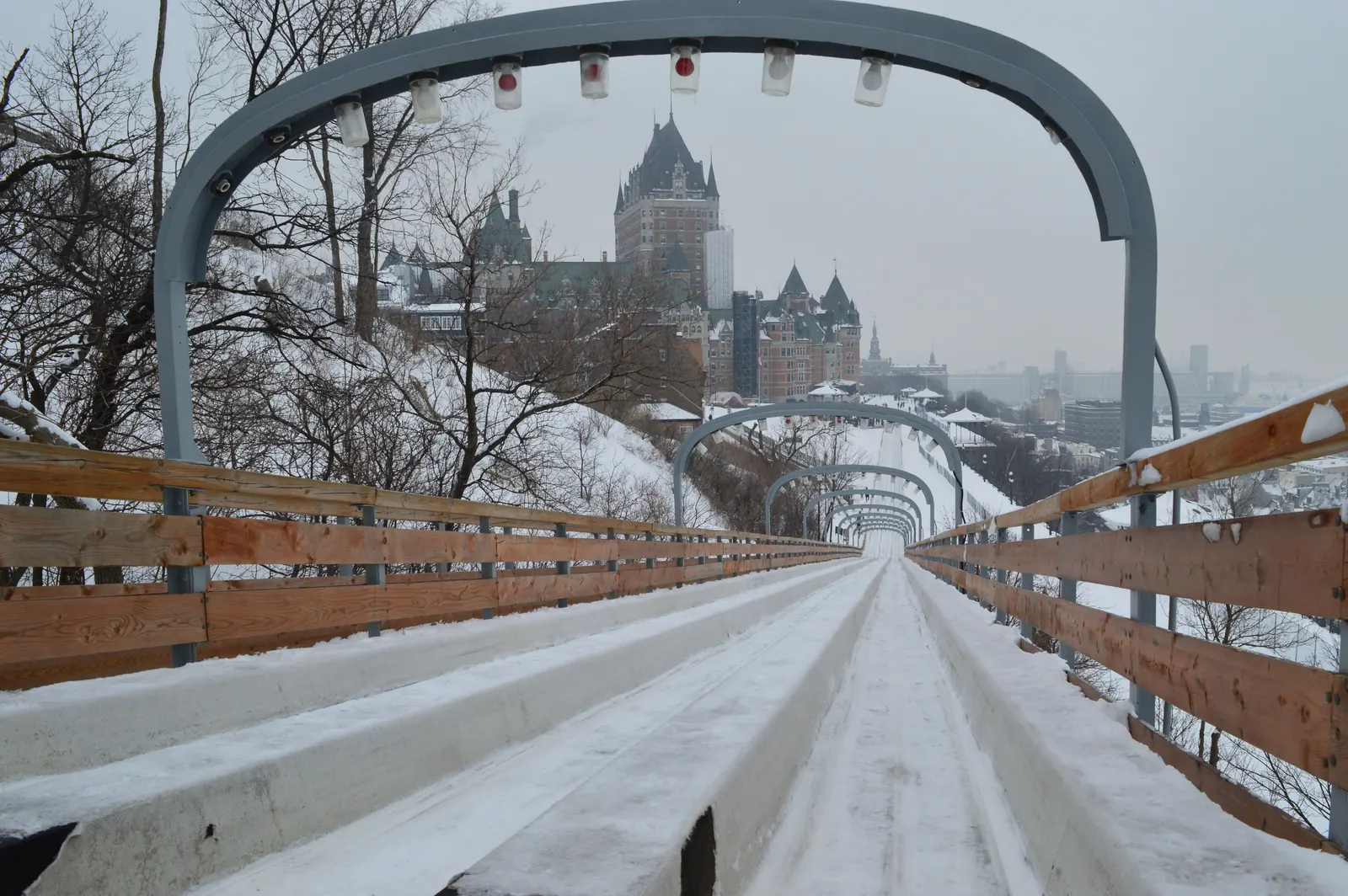 Looking down the toboggan slide on Dufferin Terrace toward the Chateau Frontenac