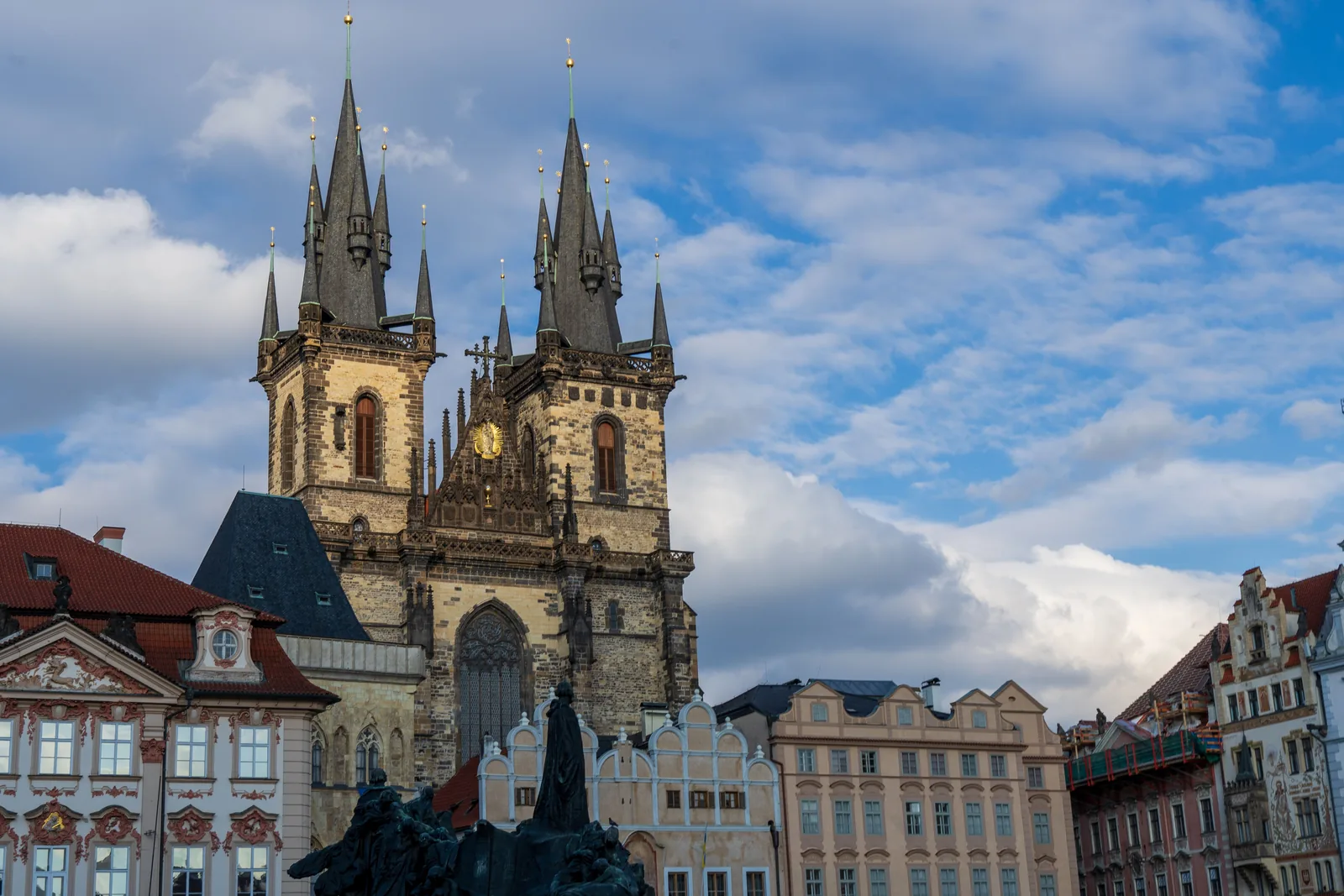 The Gothic towers of Tyn Church above Old Town Square in Prague