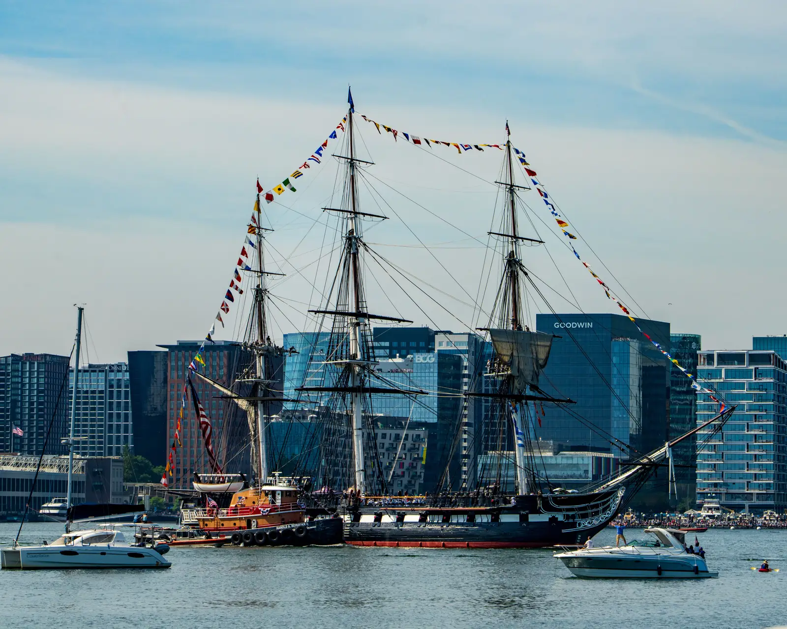 The USS Constitution dressed in signal flags in Boston Harbor